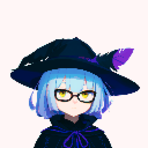 male, symmetrical face, closed mouth, yellow eyes, hair between eyes, solo male, straight-on, facing viewer, light blue hair, bob cut, white pupils, tsurime, pepekekeko, long bangs, flowing sleeves, capelet, perfect anatomy, blunt bangs, intricate details, witch hat, feather, glasses, pixel art, sRGB