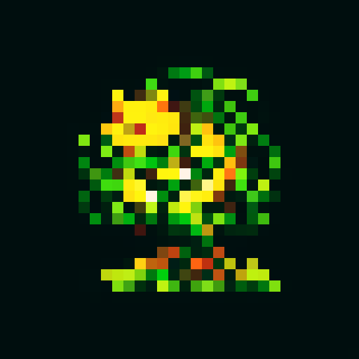large, powerful creature with intertwined vines and roots, sharp thorns, glowing yellow eyes, fierce expression, menacing grace, pixel art, sRGB