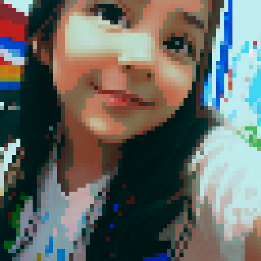 young girl with vibrant, flowing hair, wearing a retro pixel art dress in sRGB colors, posing in a selfie picture with a background of pixelated landscapes and a bright, pixelated sun