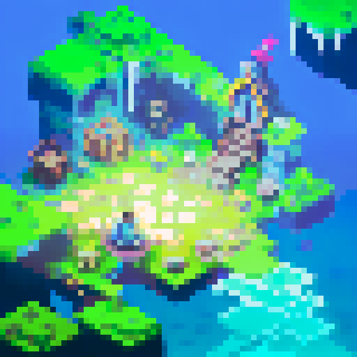 technological Aztec Style Ziggurat, shimmering in neon hues, surrounded by frozen waters reflecting the pixel art skyline