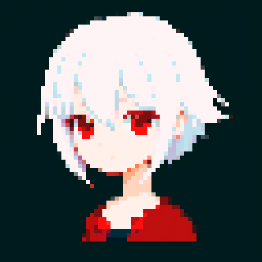 girl, white hair, anime, red eyes, short, loli, young, evil, pixel art, sRGB