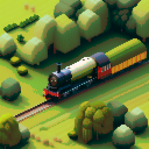 Rustic locomotive chugs through rolling hills, verdant fields, and quaint villages in the lush English countryside, rendered in stunning pixel art with a vibrant sRGB color palette