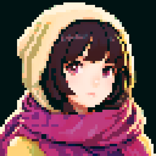 normal dark-haired girl with scarf, expressive eyes, soft shading, intricate details, whimsical charm, seamless pixelation