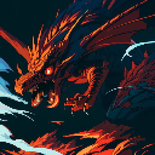red dragon, fiery scales, sharp claws, fierce expression, towering presence, detailed pixel art, vibrant colors, textured scales, intricate patterns, glowing eyes, majestic wings, powerful tail, smoke billowing from nostrils