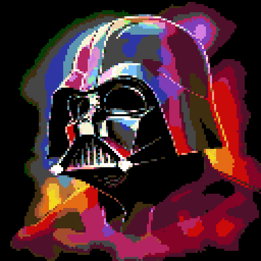 colorful, comic book style, Pop art inspired, Darth Vader helmet, vibrant colors, bold lines, exaggerated features, landscape portrait