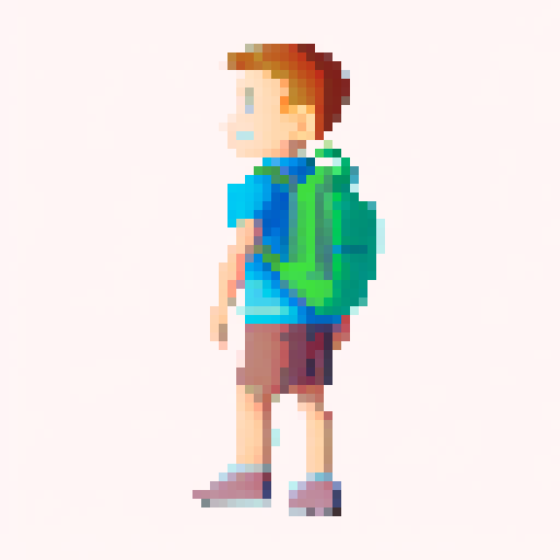 A single sprite of a young boy with a backpack on, pixel art, facing the camera, with a plain expression, on a plain background. His eyes are blue and his hair is brown. His backpack is red. He's wearing green hiking pants with brown shoes. 