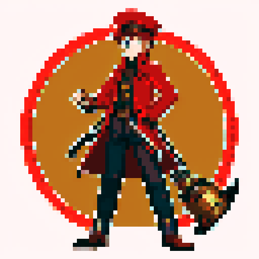 steampunk young man, red coat, red hat, 2D game stance, pixel art, sRGB, full body