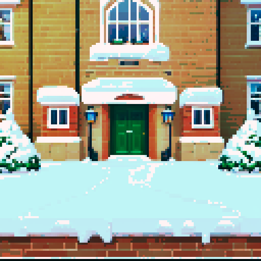 Snowy area, front of boarding school, gate