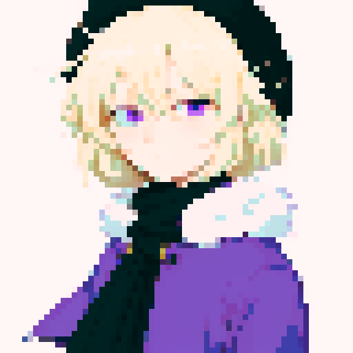 Male, light purple eyes, pale skin, blonde hair, sprite, black winter clothes, fur collar, short messy hair, looking at viewer, small smile, solo male, low details, uncropped, ushanka, dialog sprite, fantasy clothes, bangs, medium hair, tired eyes, purple scarf, thick lines, pixel art, sRGB