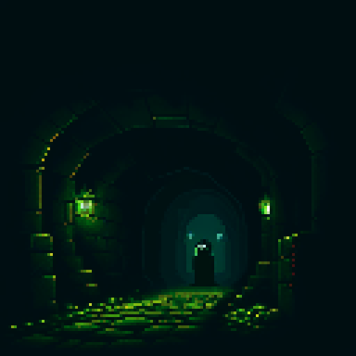 Dark, eerie, moss-covered, torch-lit, dungeon corridor with cobweb-filled crevices, rusty iron bars, and a foreboding, ominous atmosphere, all depicted in pixel art with vivid sRGB colors
