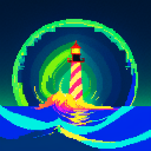 lighthouse, sea, aurora, vibrant colors, glowing, pixelated waves, shimmering reflections, retro aesthetic, sRGB
