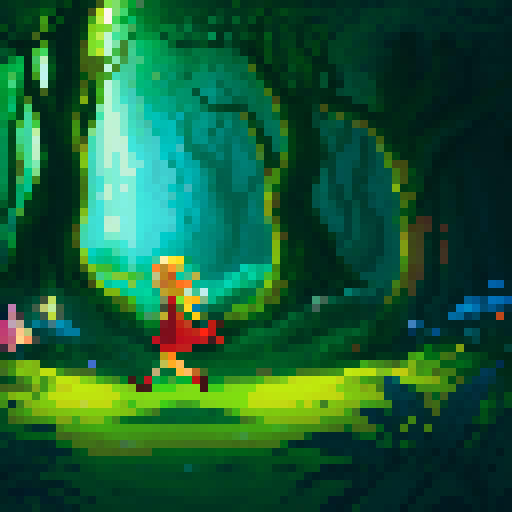 Create a mystical illustration of a nimble elf running through an enchanted forest. The elf should be depicted in mid-stride, with a sense of speed and agility. The forest around them is alive with magic, featuring glowing plants, luminescent fungi, and twinkling fireflies. The elf wears traditional, forest-themed attire, with intricate patterns and a small satchel bouncing at their side. The scene should have a mystical and vibrant atmosphere, capturing the magical essence of the forest and the