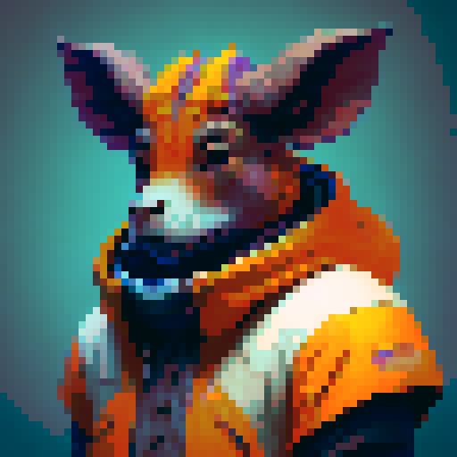 A pixel art portrait of a bull with a neutral expression, featuring a minimalist design with light skin tone, and brown eyes. Set against a solid orange background. The style is reminiscent of early video game characters, with a square aspect ratio.