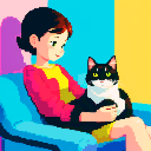 person with a cat on their lap, vibrant colors, blocky pixels, retro aesthetic, warm and cozy setting, soft lighting, expressive cat poses, meticulous attention to detail, intricate pixel patterns, nostalgic video game vibes, playful interaction between person and cat, harmonious sRGB color palette