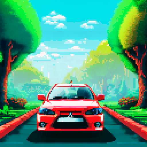Photorealistic whole Mitsubishi Lancer, three-quarter view, right front wheel, clean background, sRGB colors, pixel art style
