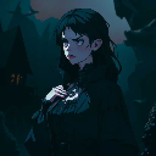 lovecraftian, dark fantasy, gothic, middle-aged woman, lolita dress, ominous fog, haunting atmosphere, sRGB, pixel art, dark colour palette