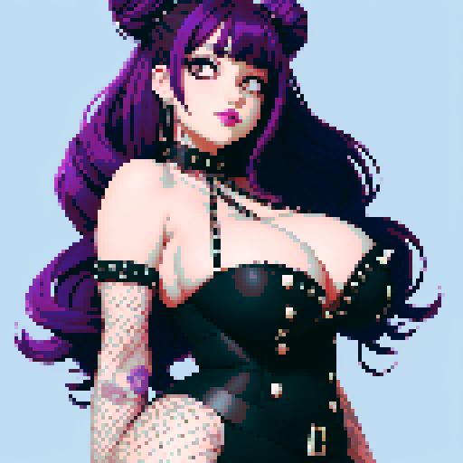Low angle picture of Thicc, curvy, busty goth girl with studded collar, long purple hair in buns, fishnet stockings, studded halter top. sRGB
