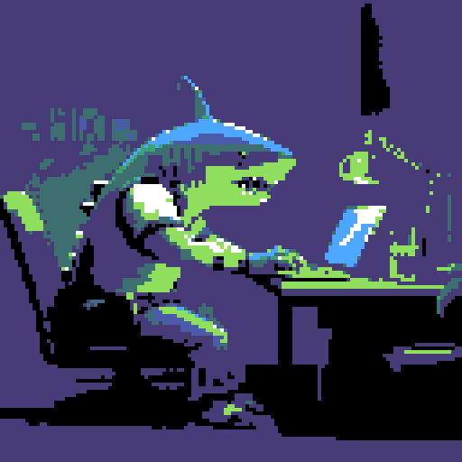 shark, desk, laptop, typing, pixel art, sRGB