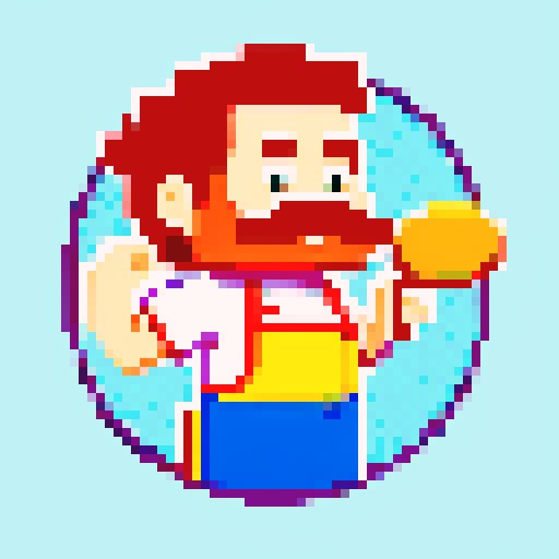 cooking chef sprite character with moustache , frying pan in hand, pixel art, vibrant colors, detailed sprites, retro aesthetic, 8-bit style, sRGB color profile, lively animations