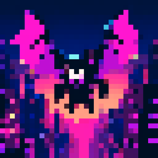 Bat creature, with dark wings spread wide, soaring through a neon-lit cityscape at midnight, casting pixelated shadows on the sRGB buildings below