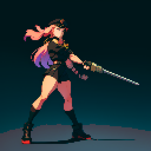 full-body image, muscle girl, female, thick biceps, big shoulders, big fists, muscular physique, thick waist, facing left, ready to fight, exaggerated proportions, black military uniform, black hat, military backdrop, sRGB, pixel art, no background, no backdrop, facing left, fists raised, ready to fight, full-body