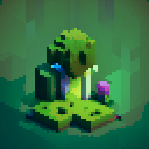Pixelated Minecraft Creeper, lurking in a dark, blocky forest, its neon green body blending with the vibrant, cubic foliage