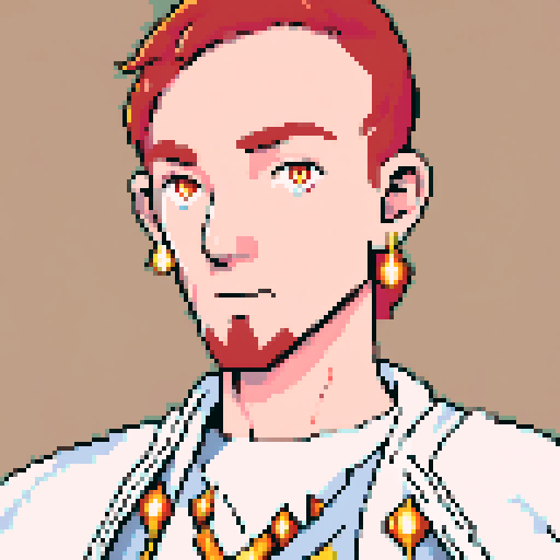 red headed male wizard with regal white robes, adorned with astrological symbols, in a pixel art style with vibrant sRGB colors