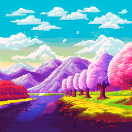 Vibrant cherry blossom tree, snow-capped mountains, rolling golden wheat fields, tranquil lakeside sunset, sRGB, pixel art, background, landscape, all in 4 squares 