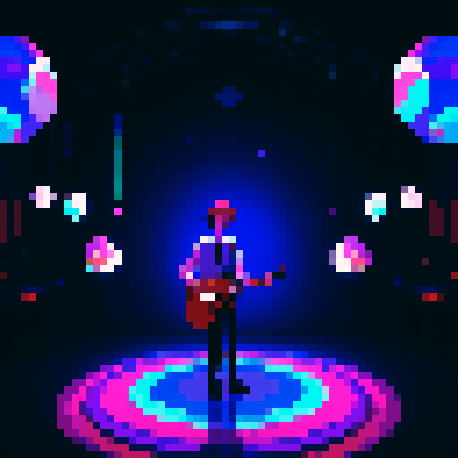 Solo male protagonist, wearing headphones, composing music, surrounded by mystical orbs, lost in a mesmerizing symphony, conjuring a fantastical world with every note, alone in a dim lit room