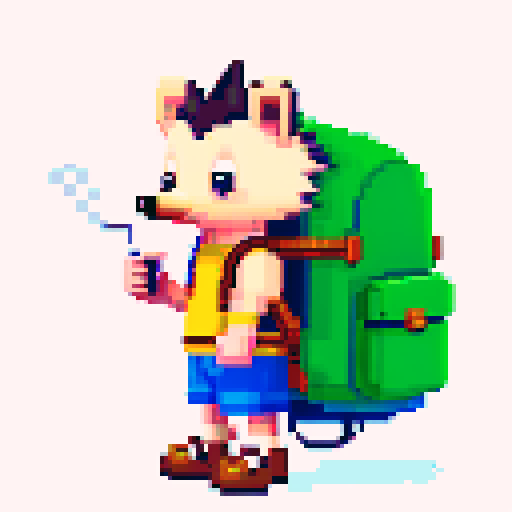 antropomorphic hedgehog with backpack and smoking pipe