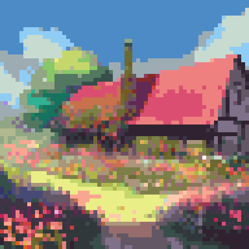 flower field, path leading, red barn, landscape portrait