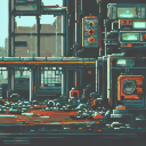 run-down, apocalyptic atmosphere, pixel art, inside of a Futuristic robot factory, sRGB, pixel art, background, landscape, dilapidated machinery, sparks flying, smog-filled air, towering metal structures, cracked concrete floors, flickering neon lights, rusted conveyor belts, broken windows, shattered glass, discarded robot parts, overgrown vines, eerie shadows, abandoned control panels