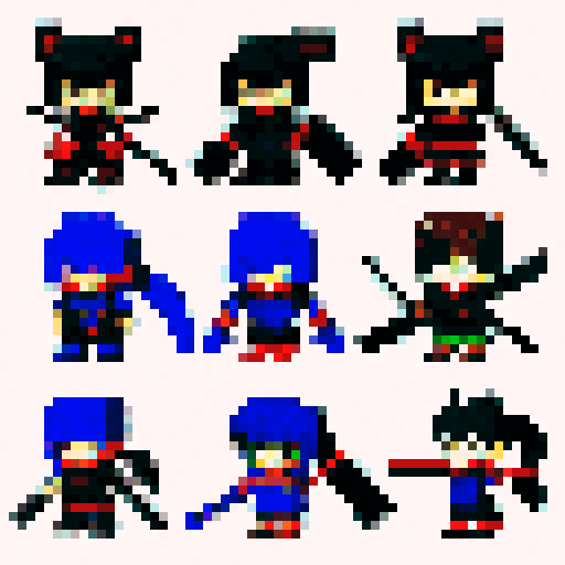 ninja anime pixelated avatars with katanas on there backs