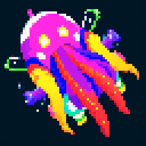 space ship with vibrant colors and sleek design, shooting vibrant lasers at a swarm of organic enemies with tentacle-like appendages, firing white energy balls in a pixelated, sRGB art style
