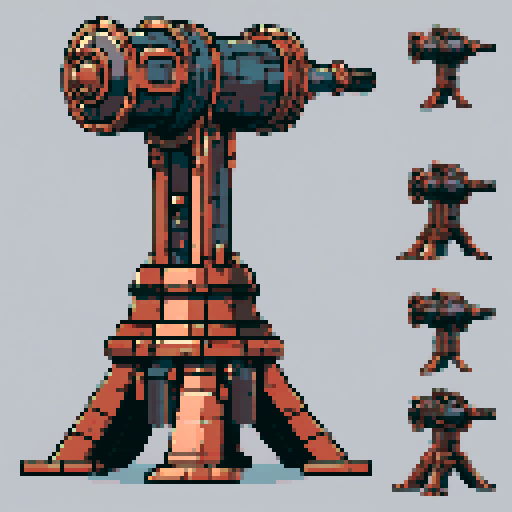 I want a copper structure reminiscent of the gun on top of a turret, seen from a head on two dimensional perspective. The design should be relatively simple. I also want this object usable as an asset in a videogame, meaning only one object per image, outlined with a strong black stroke, on a solid-color background.
