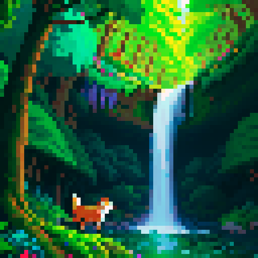 Towering evergreens and a cascading waterfall in the background, a lone fox darts through the vibrant underbrush in a pixelated forest landscape