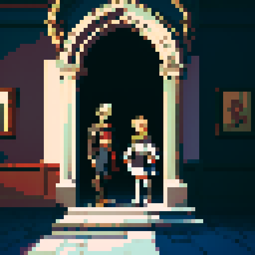 Dark fantasy library with a puzzle looking door. Two characters that are standing away from each other and our hero in the middle