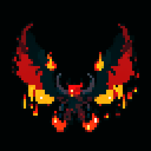 A fiery demonic creature with flames flickering on its body, larger wings, and glowing red eyes. It emits a faint glow and has a sinister expression. No background.
