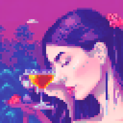 Black-haired beauty sipping a cocktail in a vibrant, pixelated landscape with sRGB colors and a unique background