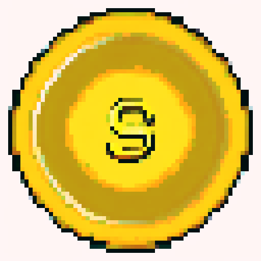 Pixelated gold retro game coin, sparkling and shimmering, surrounded by vibrant 8-bit flowers and trees, set against a nostalgic sRGB pixel art background depicting a serene and captivating landscape