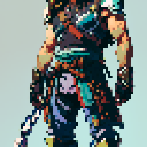 male, athletic and muscular fuzzy hair, wearing light armor that offers some protection rendered in a 64x64 pixel full body sideview style