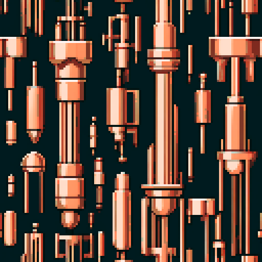 I want a tall vertical copper structure reminiscent of a organ pipe. It should have strange mechanical details that could interlock with each other. I also want this object usable an asset in a videogame, meaning only one object per image, outlined with a strong black stroke, on a solid-color background.