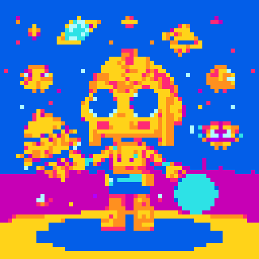 Alien character with golden headdress, glowing eyes, and hieroglyphic tattoos, holding a retro raygun, standing in a vibrant galaxy filled with colorful planets and stars, surrounded by futuristic UFOs and ancient Egyptian and Sumerian inspired architecture, all depicted in high quality pixel art using the retro sRGB color palette