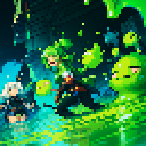 tidal wave of thick slime, thick gooy slime, heroes drowning in slime, slime surrounding heroes, heroes sinking into slime