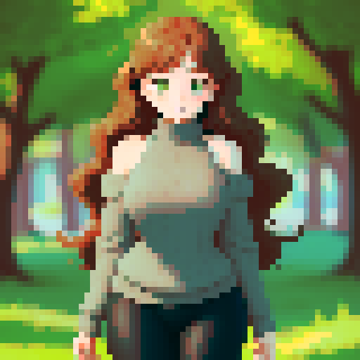 woman with fair skin and a gentle blush on her cheeks, giving her a fresh and vibrant look. Her thick, wavy hair is medium-length and chestnut-colored with golden highlights that glimmer in the sunlight. She has large, moss-green eyes framed by long lashes, exuding curiosity and liveliness. Today, she wears a light gray sweater that hugs her shoulders and falls slightly below her hips, paired with black leggings that highlight her slim figure.