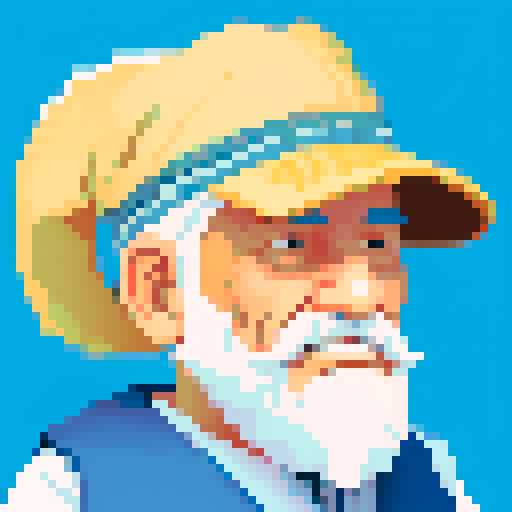 fisherman grandpa portrait, weathered face, lined with wrinkles, white beard, blue fisherman hat, worn-out fishing vest, fishing pole, non vibrant colors