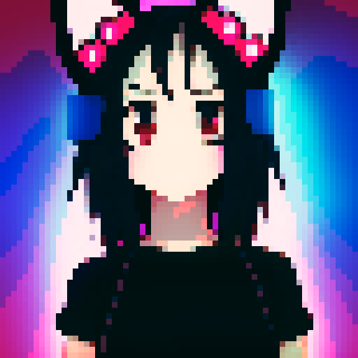 "Pixelated anime girl with fluffy cat ears, surrounded by neon lights and vibrant colors, striking a playful pose with a mischievous glint in her eyes."