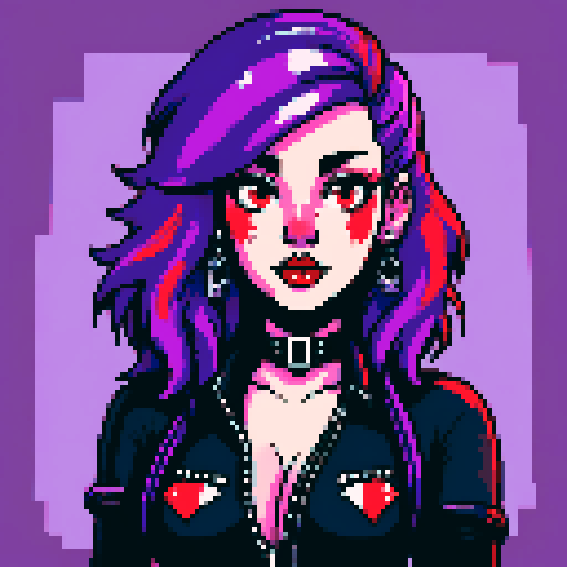 busty greaser goth girl, with long purple hair, eyeliner, red lipstick. wearing bikini, studded collar. Posing for a whole head portrait, avatar photo. vibrant sRGB colors, pixel art, edgy aesthetic