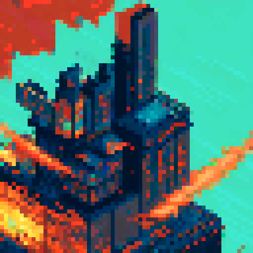 Fiery orange and red debris raining down against a blackened, pixelated cityscape backdrop, all captured in vivid sRGB hues