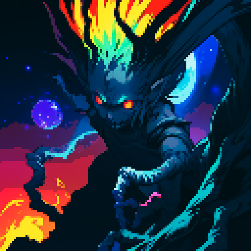 Eldritch being, cosmic tendrils, glowing eyes, twisted limbs, otherworldly colors, sRGB, pixel art